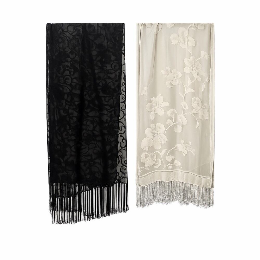 Lot of 2 Floral Fringe Shawl Wrap Scarves Black Sheer & Ivory Velvet 20x72